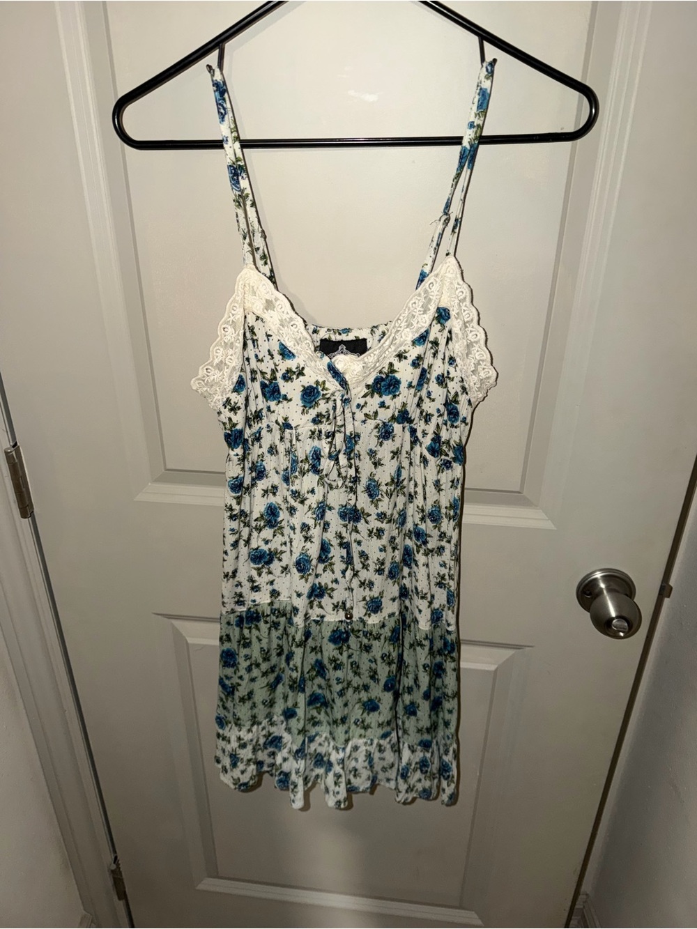 Angie White Sundress with Blue Rose Print and Lace Trim